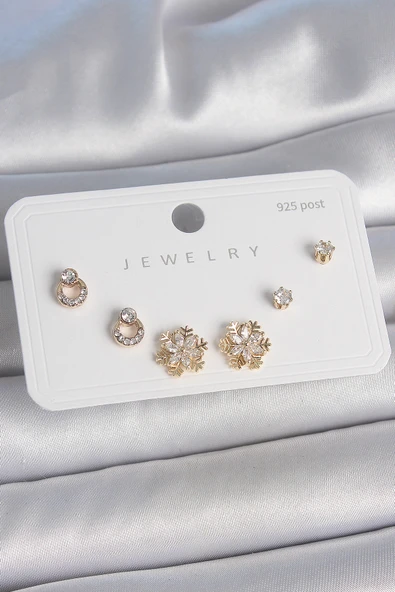 Pirinç Gold Renk Zirkon Taşlı Kar Tanesi Model 925 Ayar Gümüş Çivi Kadın Küpe Seti ürün görseli 1