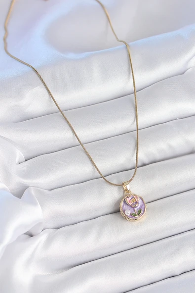 316L Çelik Gold Renk Zincir Mor Minimal Çiçek İşlemeli İnci Detay Portre Model Kadın Kolye - Resim 2