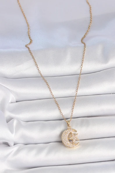 316L Çelik Gold Renk Zincir Zirkon Taşlı Ay Yıldız Model Kadın Kolye - Resim 2