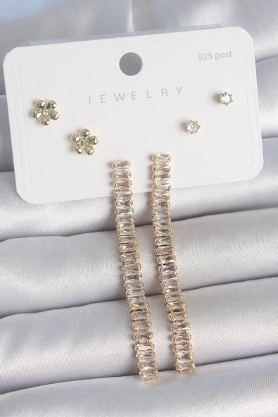 Pirinç Gold Renk Su Yolu Zirkon Taşlı Sallantı Model Çiçek Detay 925 Ayar Gümüş Çivi Kadın Küpe Seti ürün görseli 1