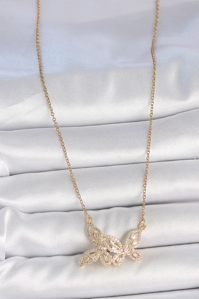 316L Çelik Gold Renk Zincir Zirkon Taşlı Kelebek Model Kadın Kolye - Resim 2