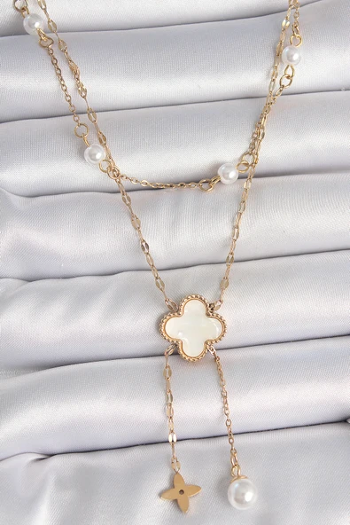 316L Çelik Gold Renk Zincir Beyaz Yonca Figür Sallantı Çiçek İnci Detay Kadın Kolye ürün görseli 1