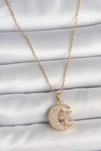 316L Çelik Gold Renk Zincir Zirkon Taşlı Ay Yıldız Model Kadın Kolye ürün görseli 1