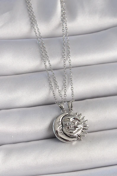316L Çelik Gümüş Renk Ay Güneş Model Arkadaşlık Kadın Kolye - Resim 4
