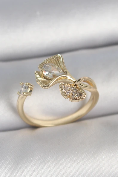 Pirinç Gold Renk Zirkon Taşlı Deniz Kabuğu Model Ayarlanabilir Kadın Yüzük ürün görseli 1