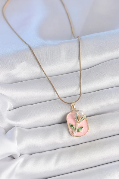 316L Çelik Gold Renk Zincir Pembe Mineli İncili Çiçek İşlemeli Portre Model Kadın Kolye - Resim 2