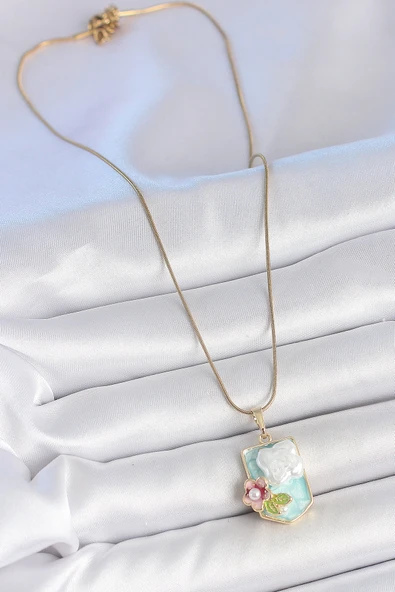 316L Çelik Gold Renk Zincir Mavi Mineli İncili Çiçek İşlemeli Portre Model Kadın Kolye - Resim 2