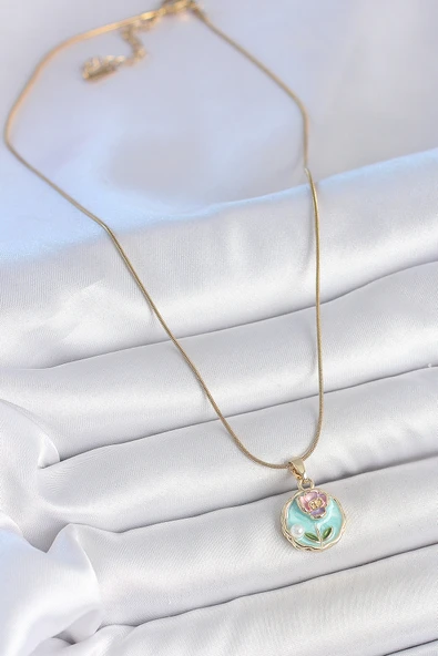 316L Çelik Gold Renk Zincir Mavi Minimal Çiçek İşlemeli İnci Detay Portre Model Kadın Kolye - Resim 2