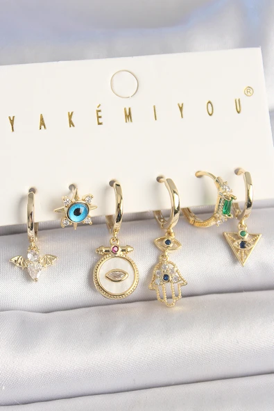 Pirinç Gold Renk Zirkon Taşlı Fatma Ana El Figür Nazar Boncuk Detay 6'Lı Kadın Kombin Küpe ürün görseli 1