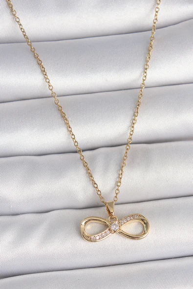 316L Çelik Gold Renk Zincir Zirkon Taşlı Sonsuzluk Model Kadın Kolye ürün görseli 1
