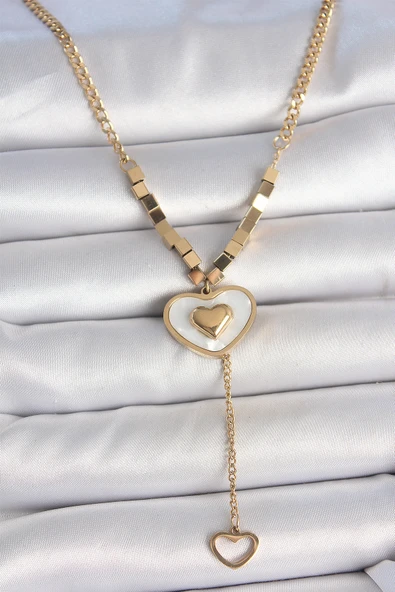 316L Çelik Gold Renk Zincir Beyaz Mineli Kalp Figür Sallantı Detay Kadın Kolye ürün görseli