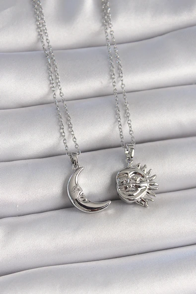316L Çelik Gümüş Renk Ay Güneş Model Arkadaşlık Kadın Kolye - Resim 2