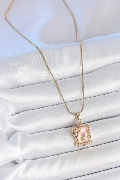 316L Çelik Gold Renk Zincir Pembe Mineli Çiçek İşlemeli Zirkon Taşlı Kelebek Detay Portre Model Kadın Kolye - Resim 2