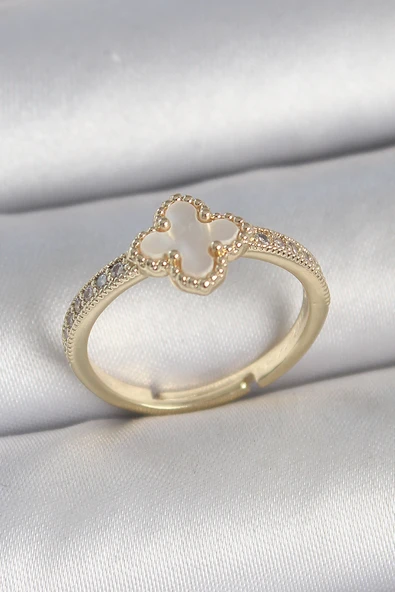 Pirinç Gold Renk Zirkon Taşlı Beyaz Mineli Yonca Model Ayarlanabilir Kadın Yüzük ürün görseli 1