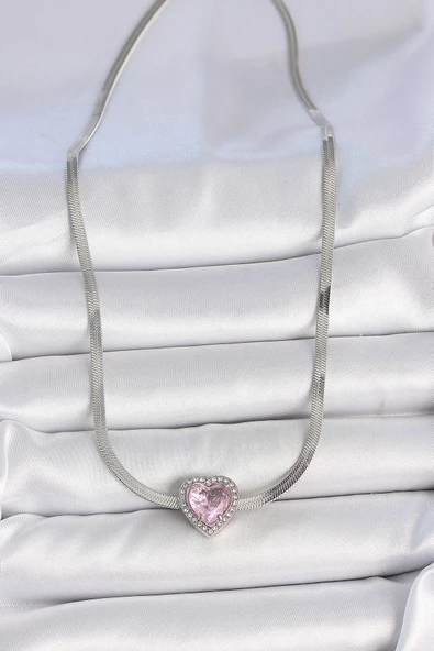 316L Çelik Gümüş Renk İtalyan Zincir Pembe Zirkon Taşlı Kalp Model Kadın Kolye - Resim 2