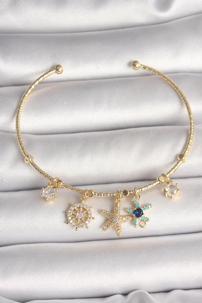 Pirinç Gold Renk Sallantı Zirkon Taşlı Yıldız Figür Charm Kadın Bileklik ürün görseli 1