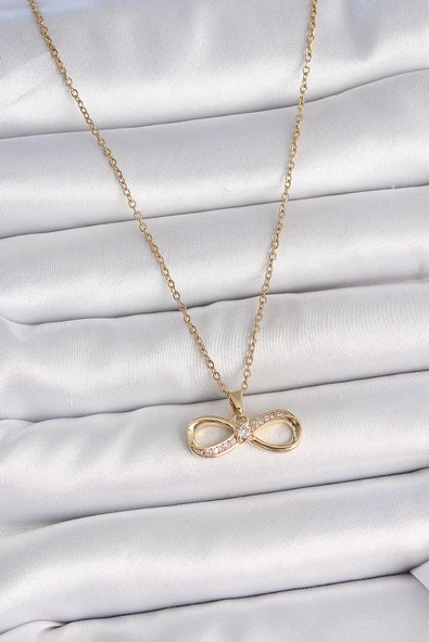 316L Çelik Gold Renk Zincir Zirkon Taşlı Sonsuzluk Model Kadın Kolye - Resim 2