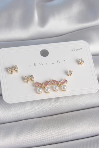 Pirinç Gold Renk Pembe Zirkon Taşlı Fiyonk Model İnci Detay 925 Ayar Gümüş Çivi Kadın Küpe Seti ürün görseli 1