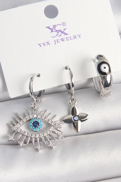 Pirinç Gümüş Renk Zirkon Taşlı Göz Model Nazar Boncuk Detay 3'Lü Kadın Kombin Küpe ürün görseli 1