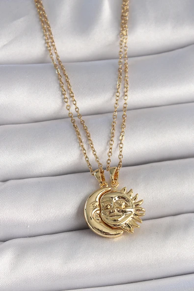 316L Çelik Gold Renk Ay Güneş Model Arkadaşlık Kadın Kolye - Resim 4