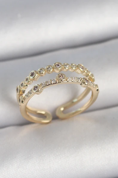 Pirinç Gold Renk 2'Li Sıralı Zirkon Taşlı Ayarlanabilir Model Kadın Yüzük ürün görseli 1
