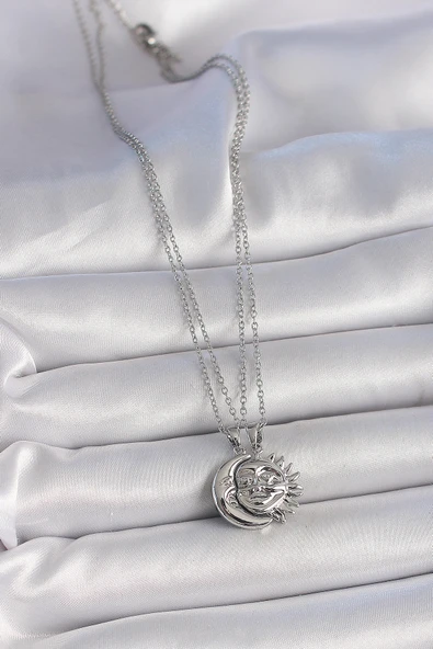 316L Çelik Gümüş Renk Ay Güneş Model Arkadaşlık Kadın Kolye - Resim 6