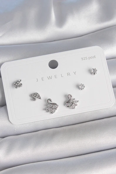 Pirinç Gümüş Renk Zirkon Taşlı Kuğu Model 925 Ayar Gümüş Çivi Kadın Küpe Seti ürün görseli