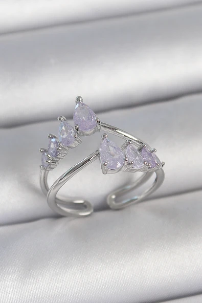 Pirinç Gümüş Renk Mor Damla Zirkon Taşlı Taç Model Kadın Yüzük ürün görseli 1