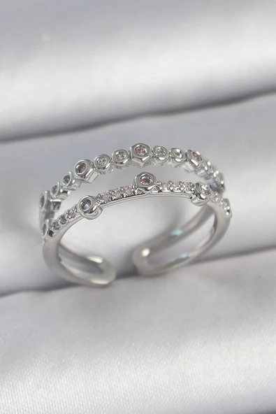 Pirinç Gümüş Renk 2'Li Zirkon Taşlı Ayarlanabilir Model Kadın Yüzük ürün görseli 1