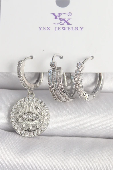 Pirinç Gümüş Renk Zirkon Taşlı Göz İşlemeli Halka Model 3'Lü Kadın Kombin Küpe ürün görseli 1