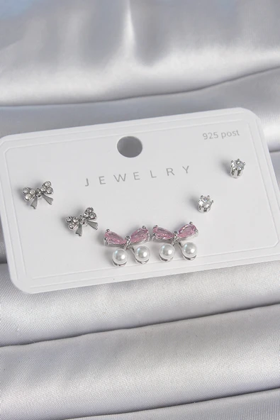 Pirinç Gümüş Renk Pembe Zirkon Taşlı Kurdele Model İnci Detay 925 Ayar Gümüş Çivi Kadın Küpe Seti ürün görseli 1