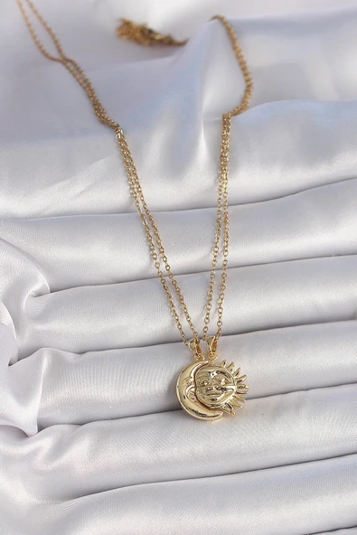 316L Çelik Gold Renk Ay Güneş Model Arkadaşlık Kadın Kolye - Resim 6
