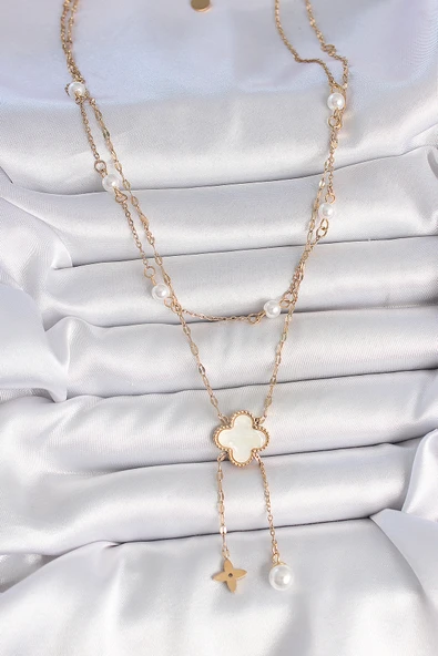 316L Çelik Gold Renk Zincir Beyaz Yonca Figür Sallantı Çiçek İnci Detay Kadın Kolye - Resim 2