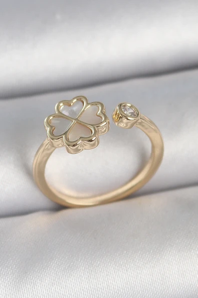 Pirinç Gold Renk Beyaz Mineli Yonca Model Zirkon Taş Detay Ayarlanabilir Kadın Yüzük ürün görseli 1