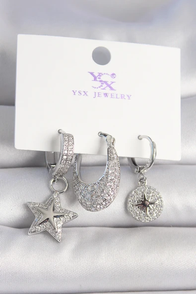 Pirinç Gümüş Renk Zirkon Taşlı Yıldız Model Kutup Yıldız İşleme Detay 3'Lü Kadın Kombin Küpe