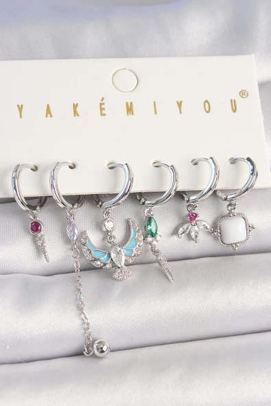 Pirinç Gümüş Renk Zirkon Taşlı Kuş Figür Çiçek Detay 6'Lı Kadın Kombin Küpe ürün görseli 1