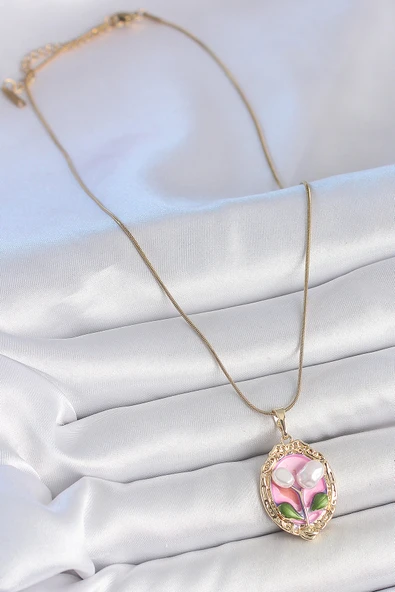 316L Çelik Gold Renk Zincir Pembe Mineli İncili Çiçek İşlemeli Portre Model Kadın Kolye - Resim 4