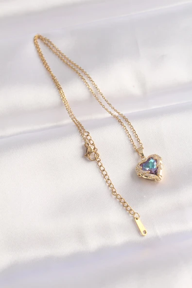 316L Çelik Zincir Altın Renk Zirkon Taşlı Mavi Mor Renkli Kalp Figür Kolye - Resim 2