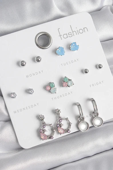 Pirinç Gümüş Renk Zirkon Taşlı Sallantı Halka Model Çiçek Detay 7 Çift Kadın Küpe Seti