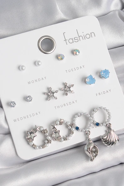 Pirinç Gümüş Renk İncli Zirkon Taşlı Halka Figür Yıldız Detay 7 Çift Kadın Küpe Seti