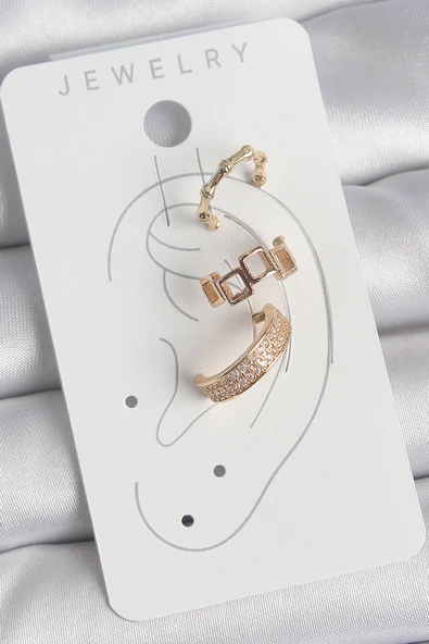 Pirinç Gold Renk Kare Model Zirkon Taşlı 3'Lü Model Kadın Kıkırdak Küpe - Resim 2