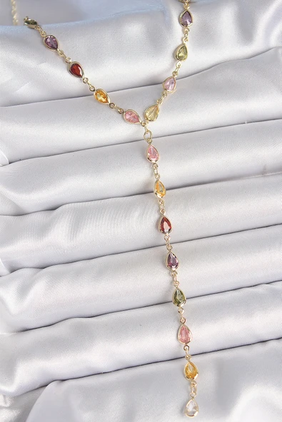 Gold Karışık Renk Zirkon Taşlı Y Pirinç Kolye ürün görseli 1