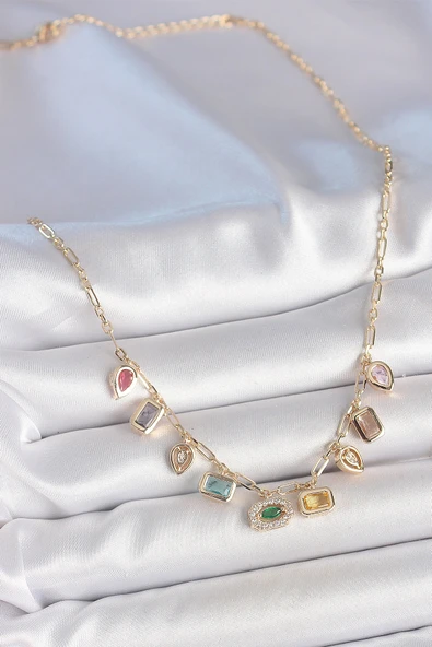 Sıralı Karışık Renk Zirkon Taşlı Gold Pirinç Kolye - Resim 2