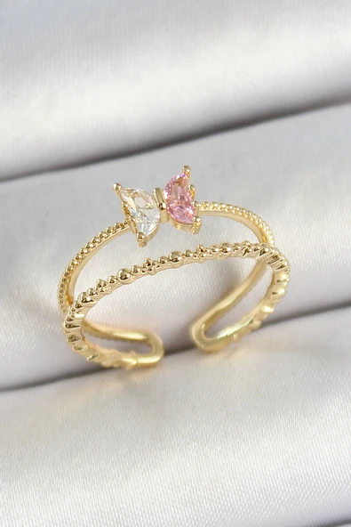 Pirinç Kelebek Figürlü Zirkon Taşlı Gold Renk Ayarlanabilir Kadın Yüzük ürün görseli 1
