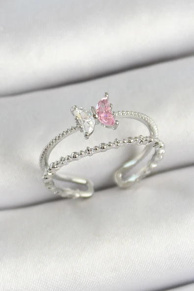 Pirinç Kelebek Figürlü Zirkon Taşlı Gümüş Renk Ayarlanabilir Kadın Yüzük ürün görseli 1