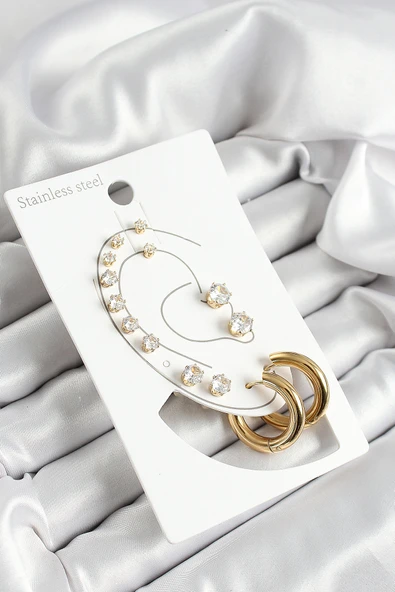 316L Çelik Halka Figürlü Ve Zirkon Taşlı Gold Renk 7'li Çift Kadın Küpe Set ürün görseli