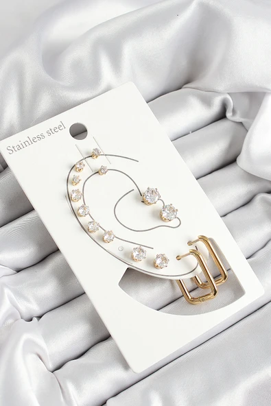 316L Çelik Dikdörtgen Figürlü Ve Zirkon Taşlı Gold Renk 7'li Çift Kadın Küpe Set ürün görseli