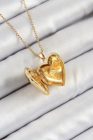 316L Çelik Zincir Açılabilir Kelebek Figürlü Kalp Model Zirkon Taşlı Gold Renk Kadın Kolye - Resim 2