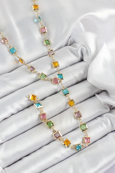 Pirinç Asorti Kare Model Gold Renk Zirkon Taşlı Y Kolye ürün görseli 1