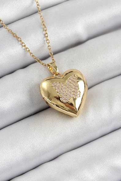 316L Çelik Zincir Açılabilir Kelebek Figürlü Kalp Model Zirkon Taşlı Gold Renk Kadın Kolye ürün görseli 1